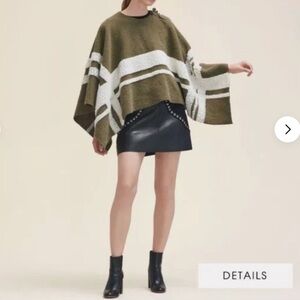 Maje Boho Cabin Wool Shearling Knit Oversized Khaki Green Lace Poncho